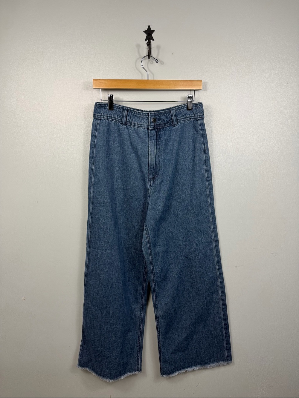 Venus Womens High Rise Wide Leg Jeans Size 10 Medium Wash Raw Fringed Hem Crop